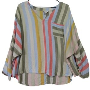 EST. 1946 Striped Blouse Women XL Multicolor Good Linen Blend V-Neck Roll Tab